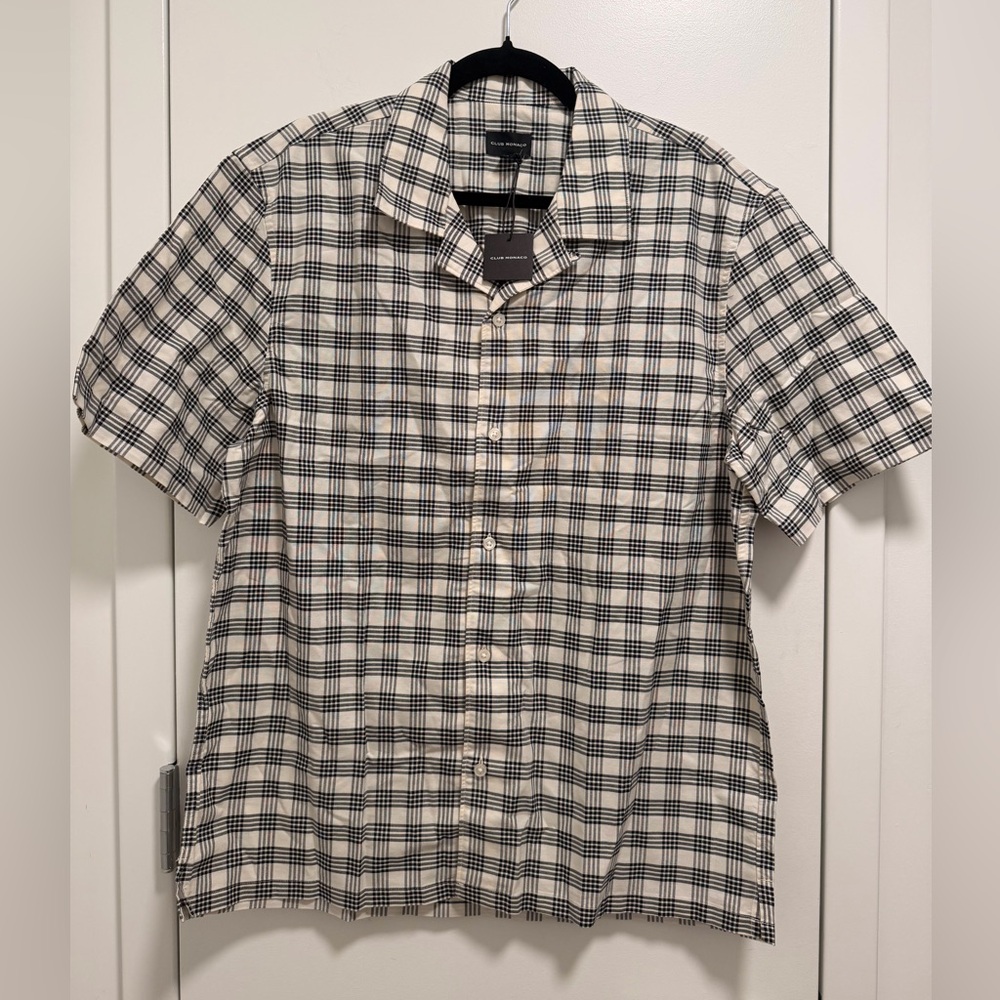 NWT Club Monaco Gingham Oxford Chemise Navy Plaid Short Sleeve – Size Large